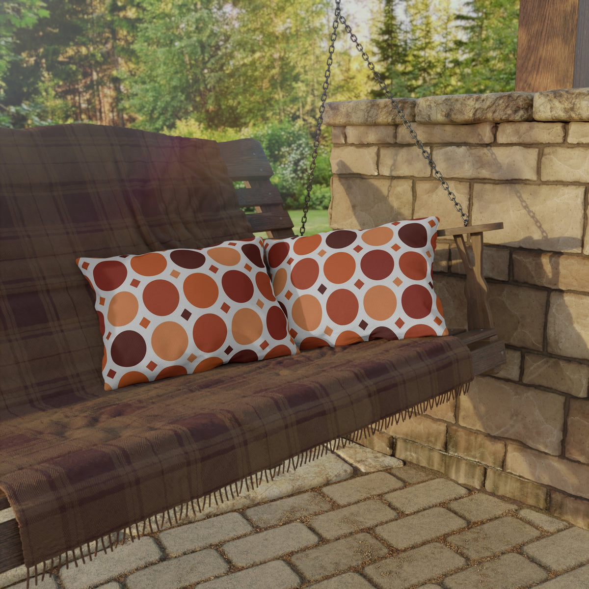 Terracotta dot grid lumbar outdoor pillow — spun polyester, UV and water resistant