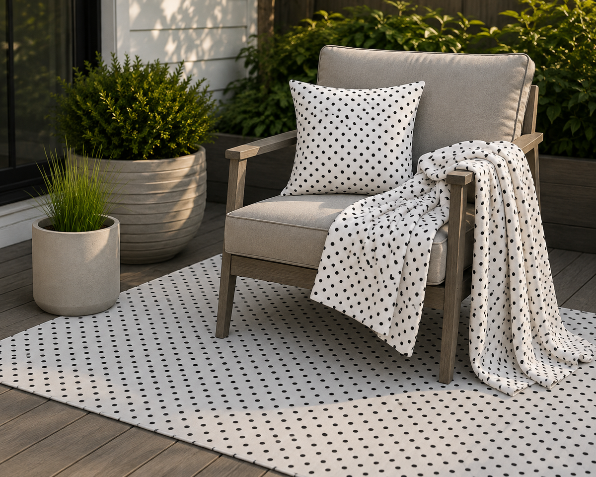 Black and white polka dot outdoor pillow — spun polyester, UV and water resistant