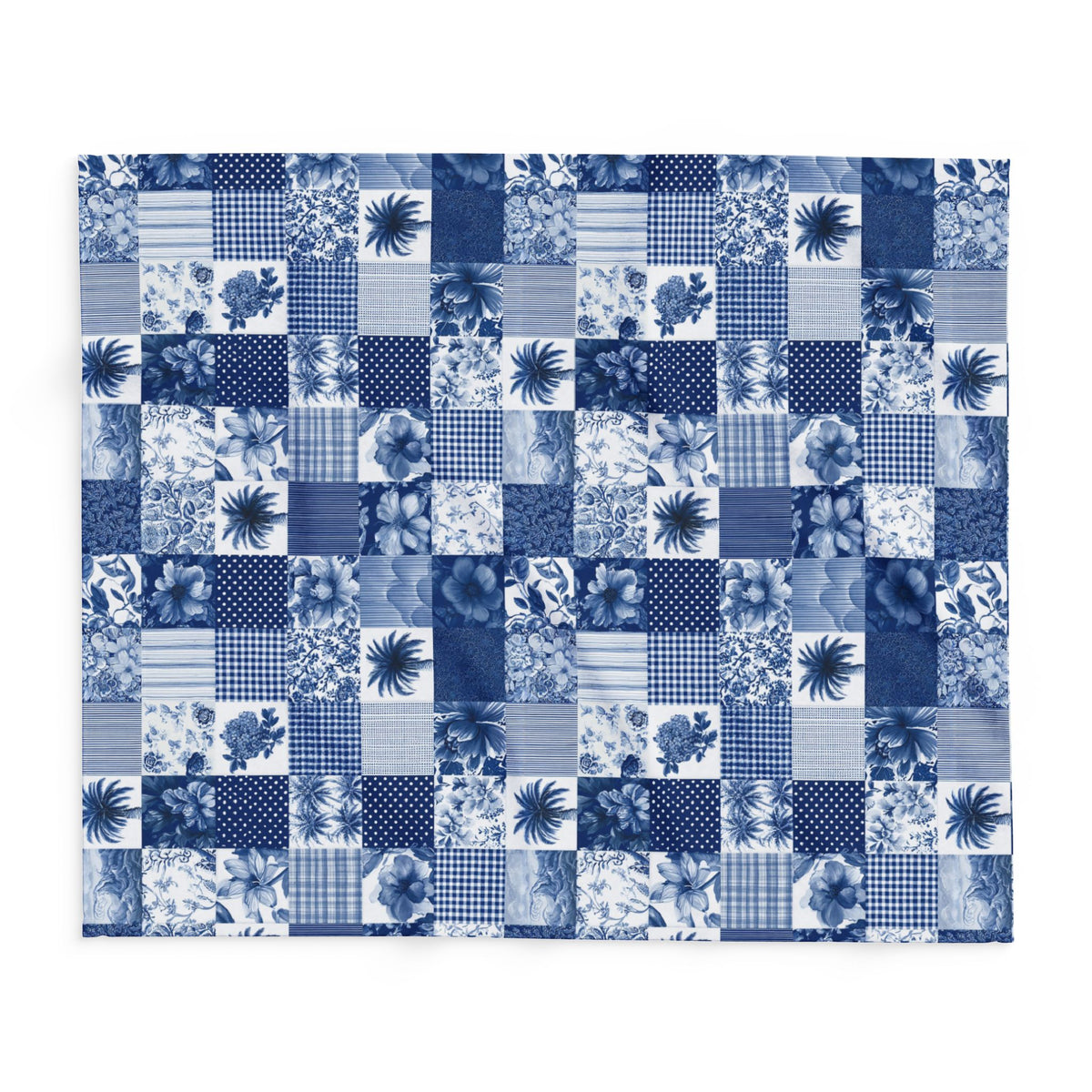 Blue and white patchwork outdoor fleece blanket — 315 gsm polyester fleece, soft on both sides
