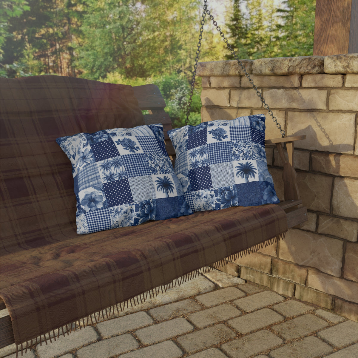 Blue and white patchwork outdoor pillow — spun polyester, UV and water resistant