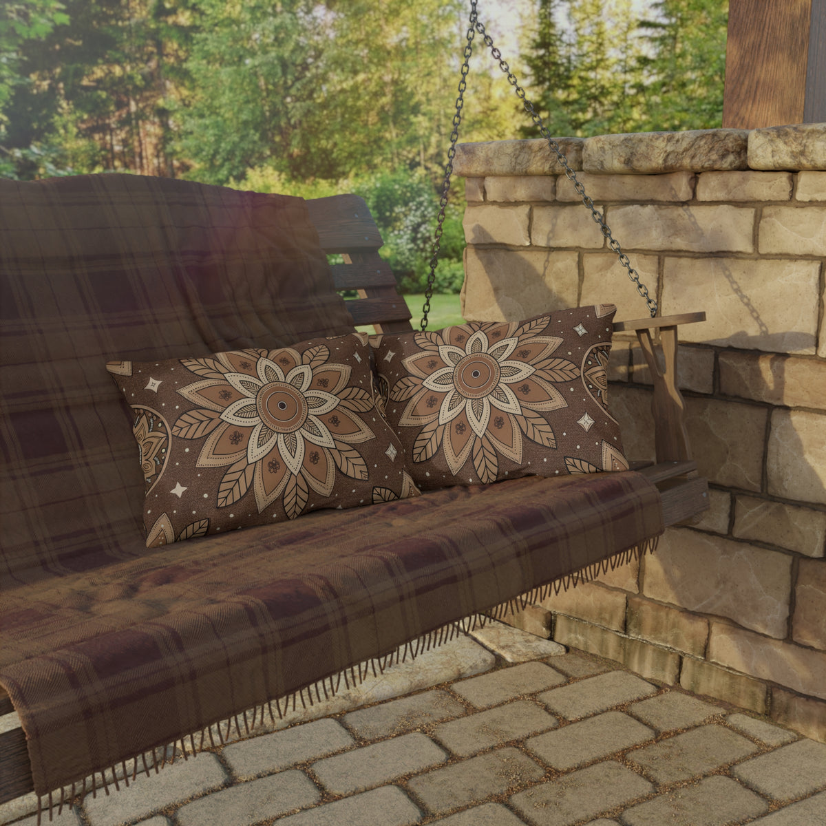 Brown mandala lumbar outdoor pillow — spun polyester, UV and water resistant