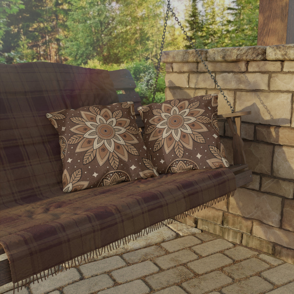 Brown mandala outdoor pillow — spun polyester, UV and water resistant