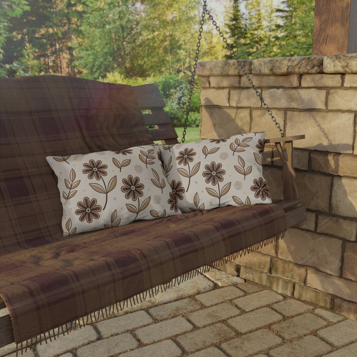 Brown retro floral lumbar outdoor pillow — spun polyester, UV and water resistant