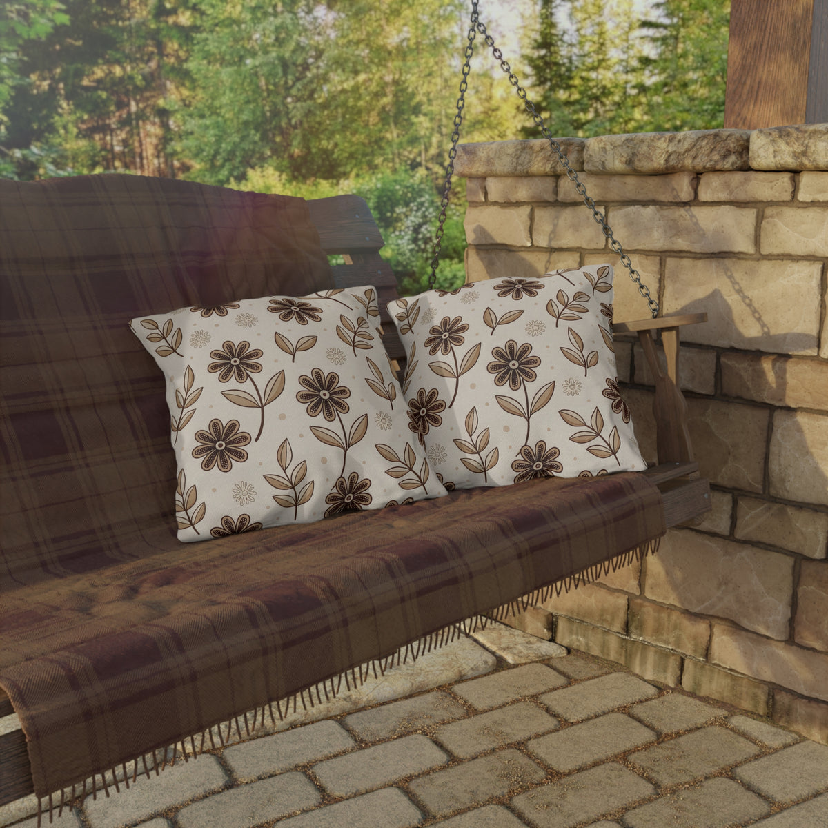 Brown retro floral outdoor pillow — spun polyester, UV and water resistant