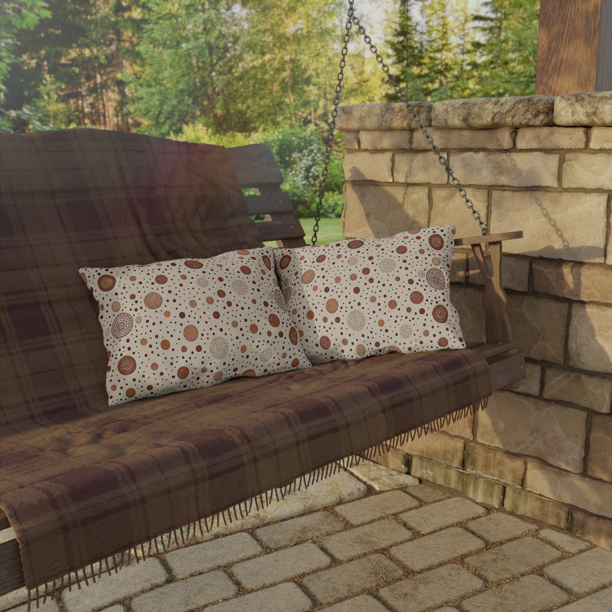 Copper scattered circle lumbar outdoor pillow — spun polyester, UV and water resistant