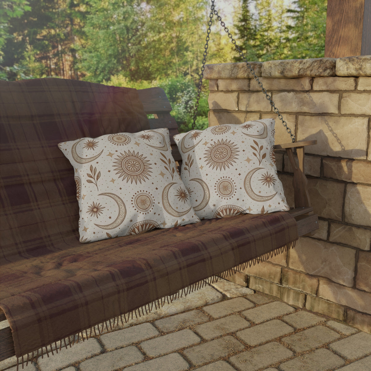 Golden sun and moon outdoor pillow — spun polyester, UV and water resistant