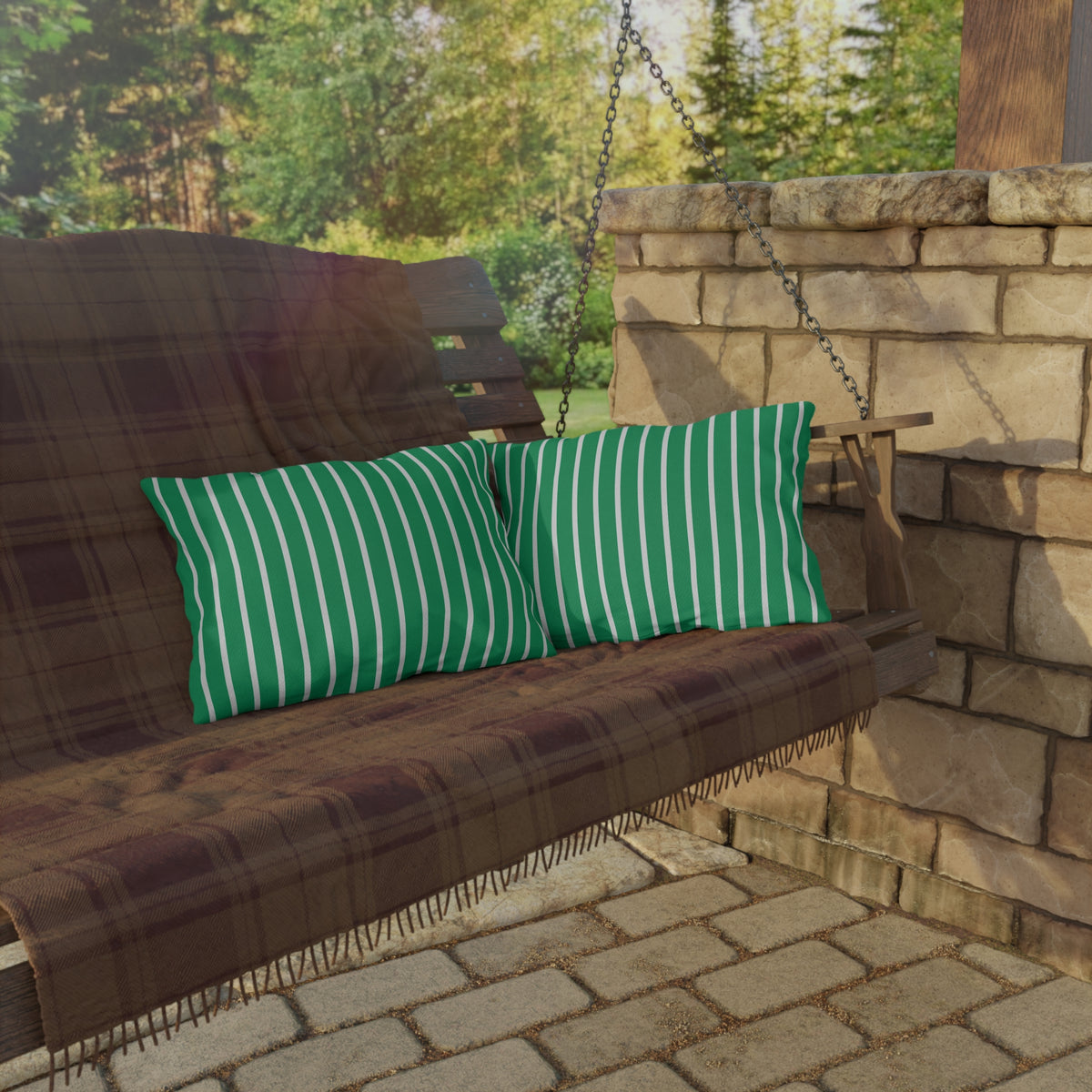 Green and white striped lumbar outdoor pillow — spun polyester, UV and water resistant