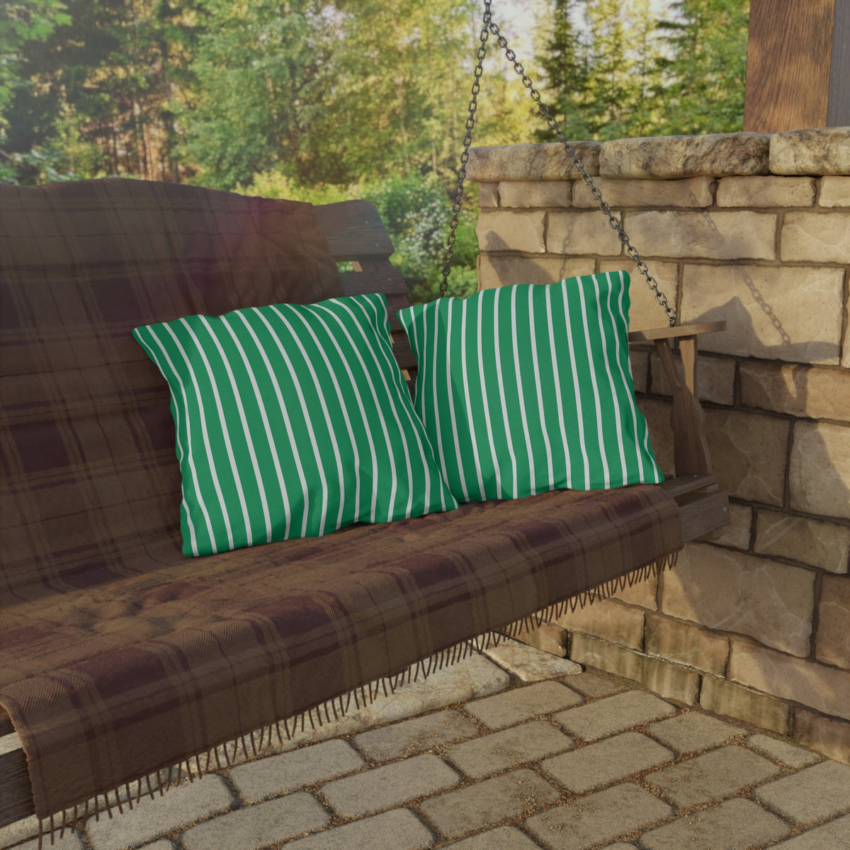 Green and white striped outdoor pillow — spun polyester, UV and water resistant