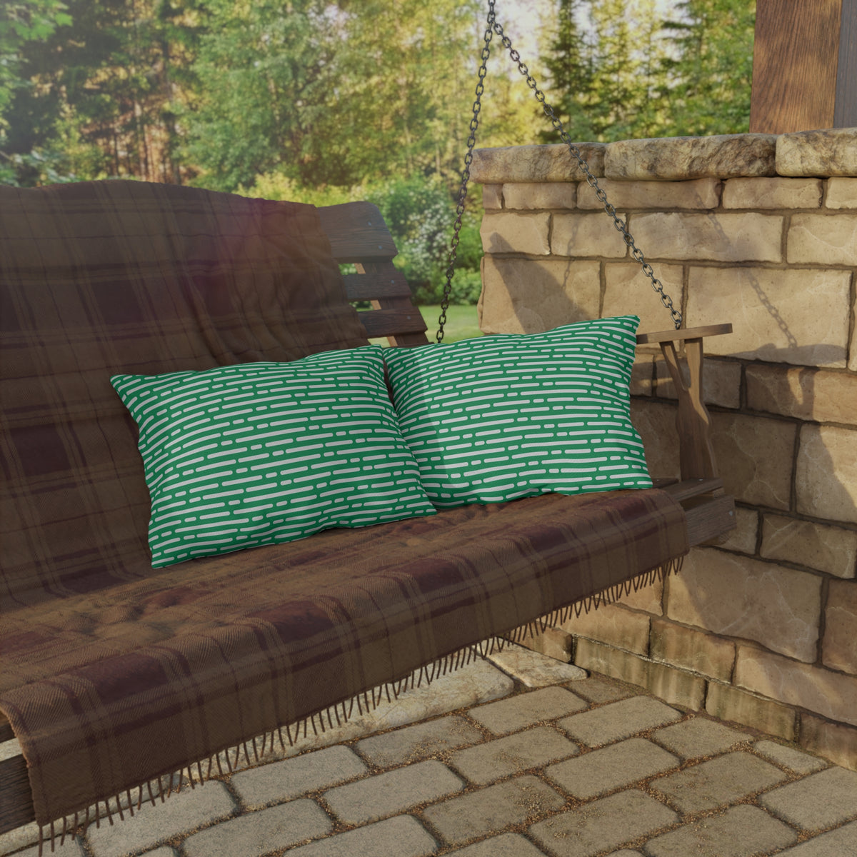 Green basketweave lumbar outdoor pillow — spun polyester, UV and water resistant