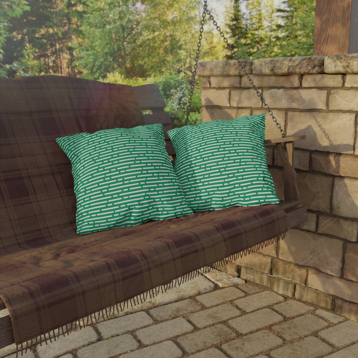 Green basketweave outdoor pillow — spun polyester, UV and water resistant