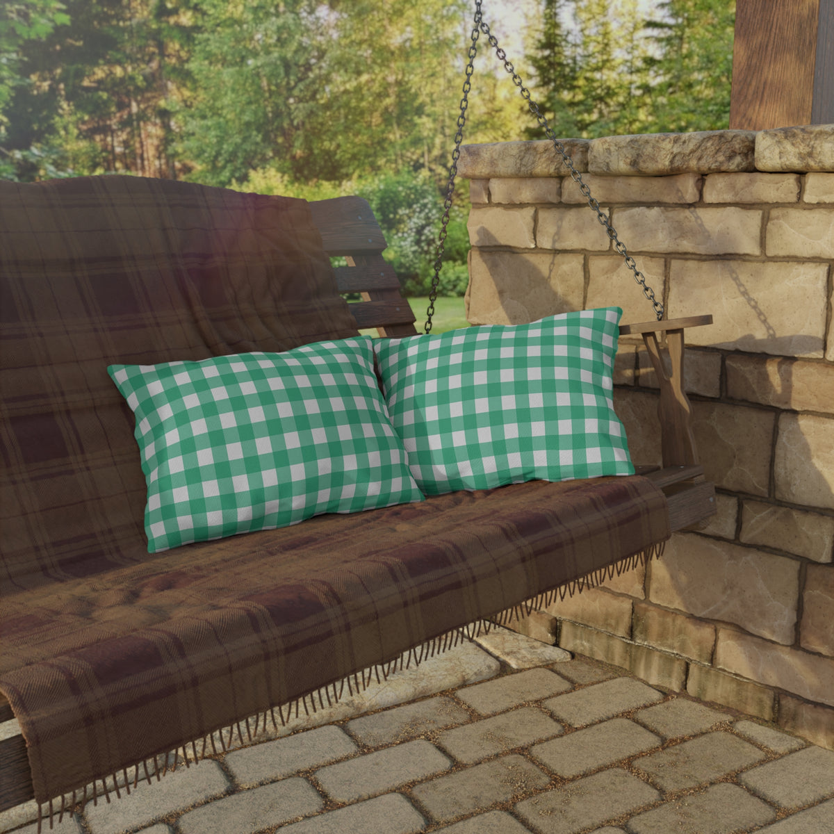 Green gingham lumbar outdoor pillow — spun polyester, UV and water resistant
