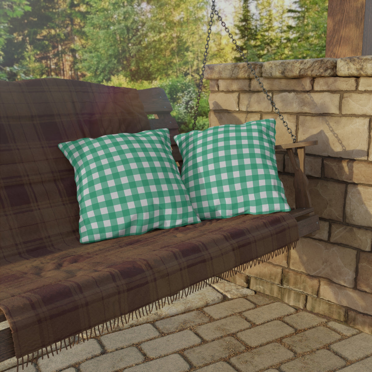 Green gingham outdoor pillow — spun polyester, UV and water resistant