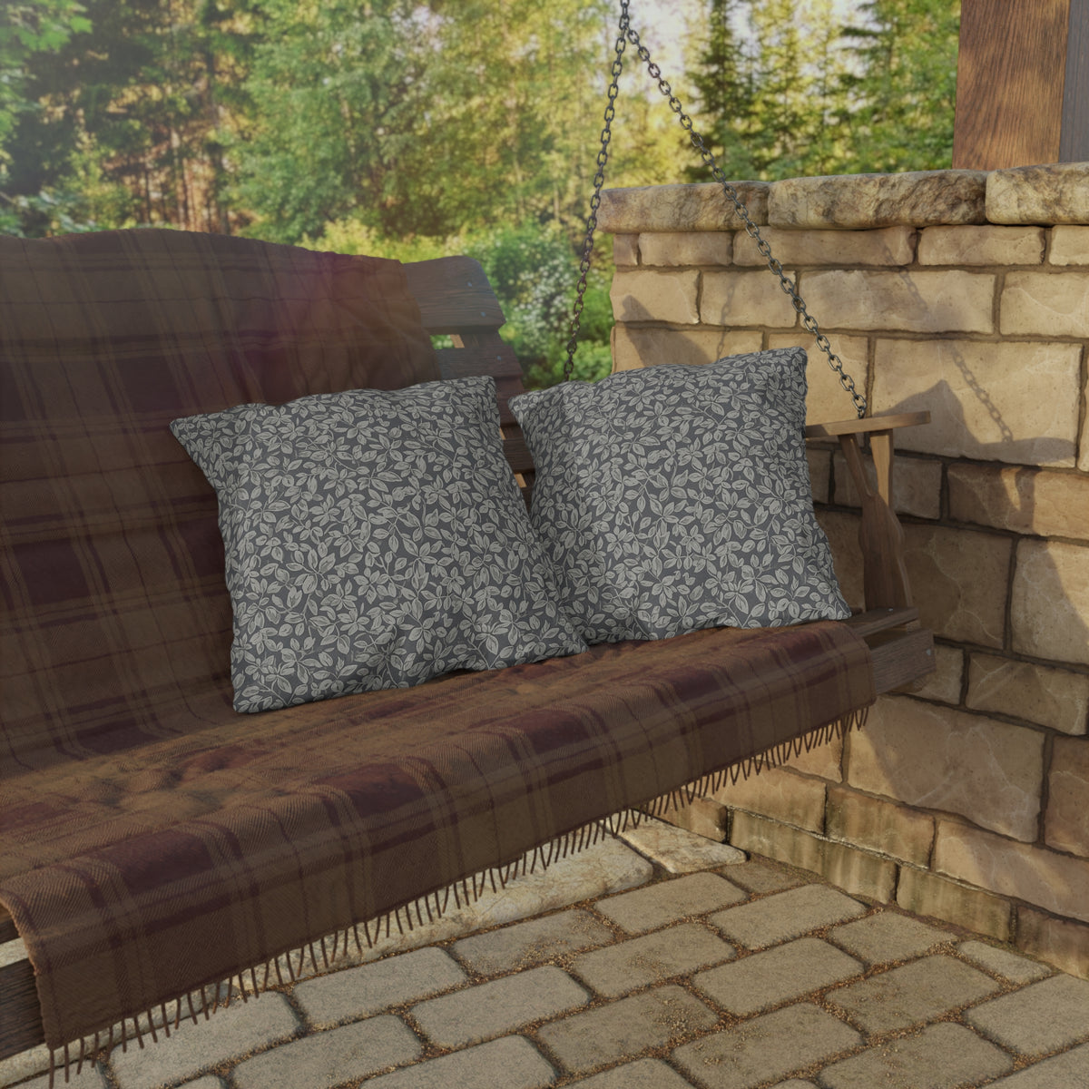 Grey foliage outdoor pillow — spun polyester, UV and water resistant