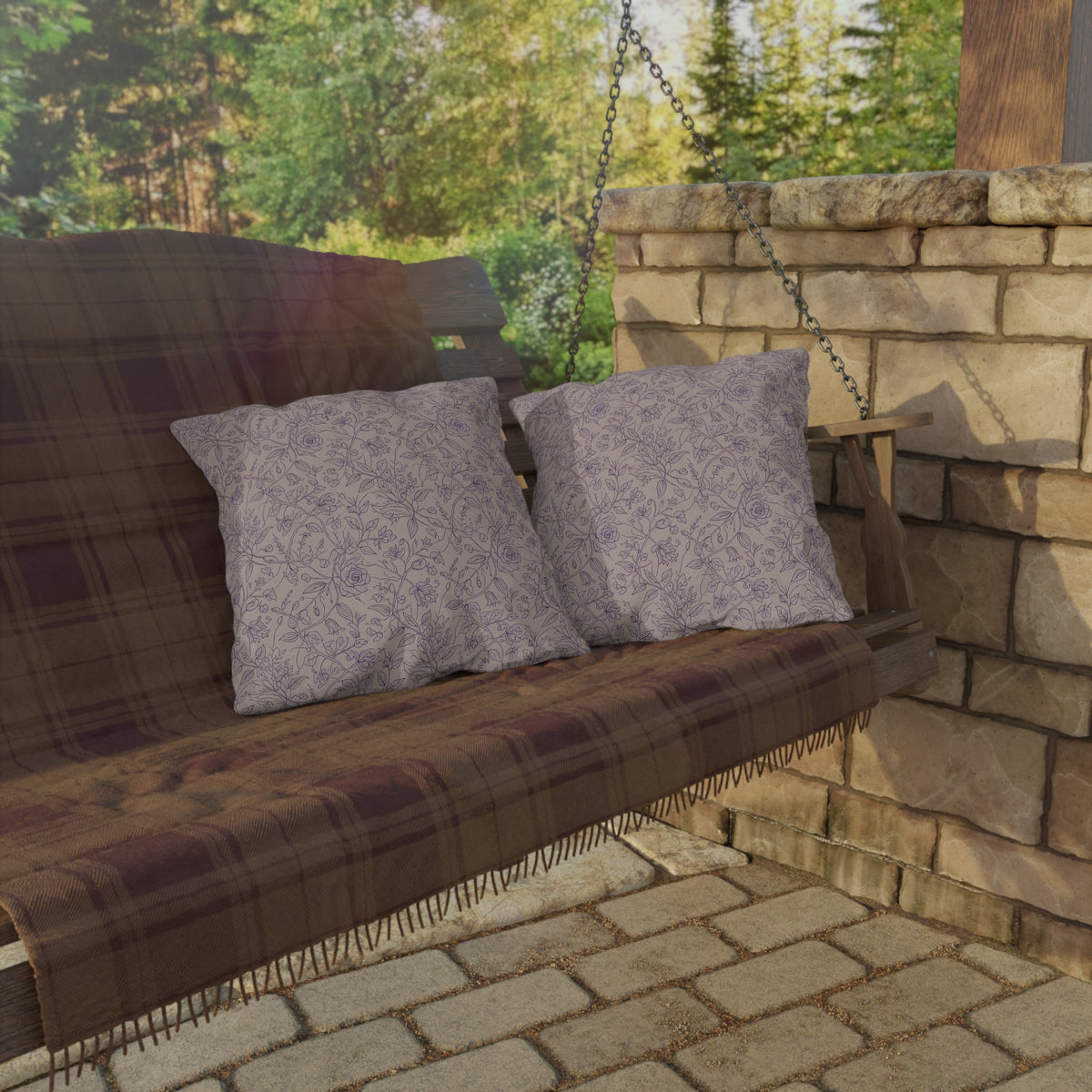 Mauve rose vine outdoor pillow — spun polyester, UV and water resistant