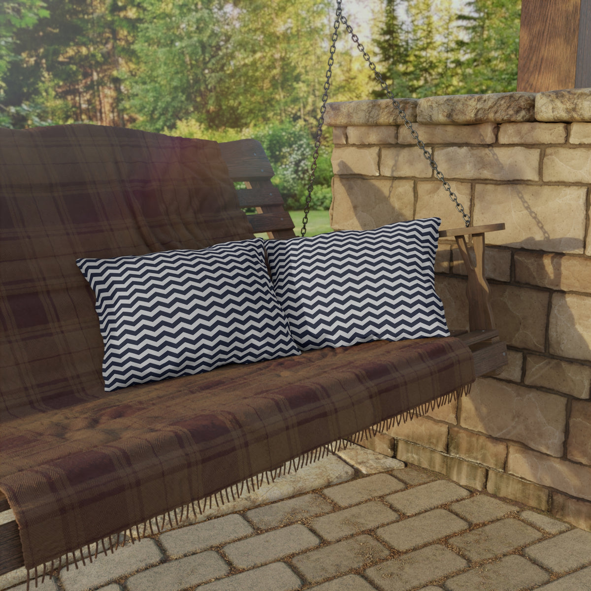 Navy and white chevron lumbar outdoor pillow — spun polyester, UV and water resistant