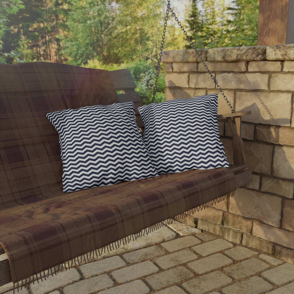 Navy and white chevron outdoor pillow — spun polyester, UV and water resistant