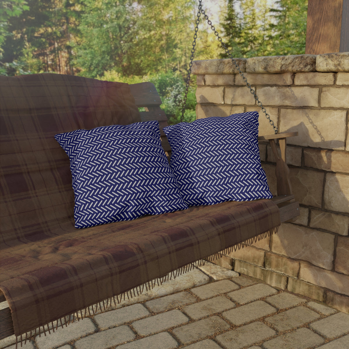 Navy and white herringbone outdoor pillow — spun polyester, UV and water resistant