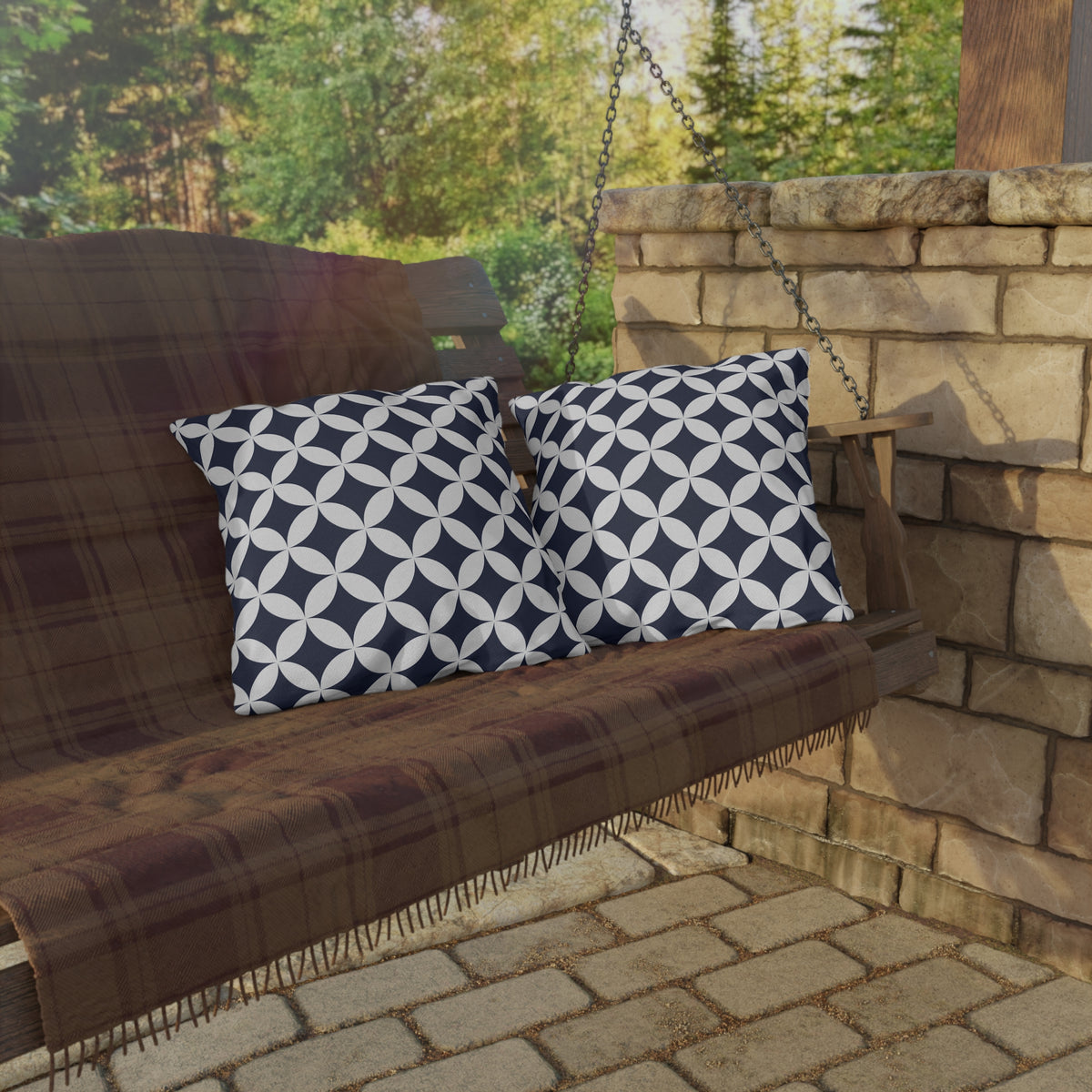 Navy and white trellis outdoor pillow — spun polyester, UV and water resistant