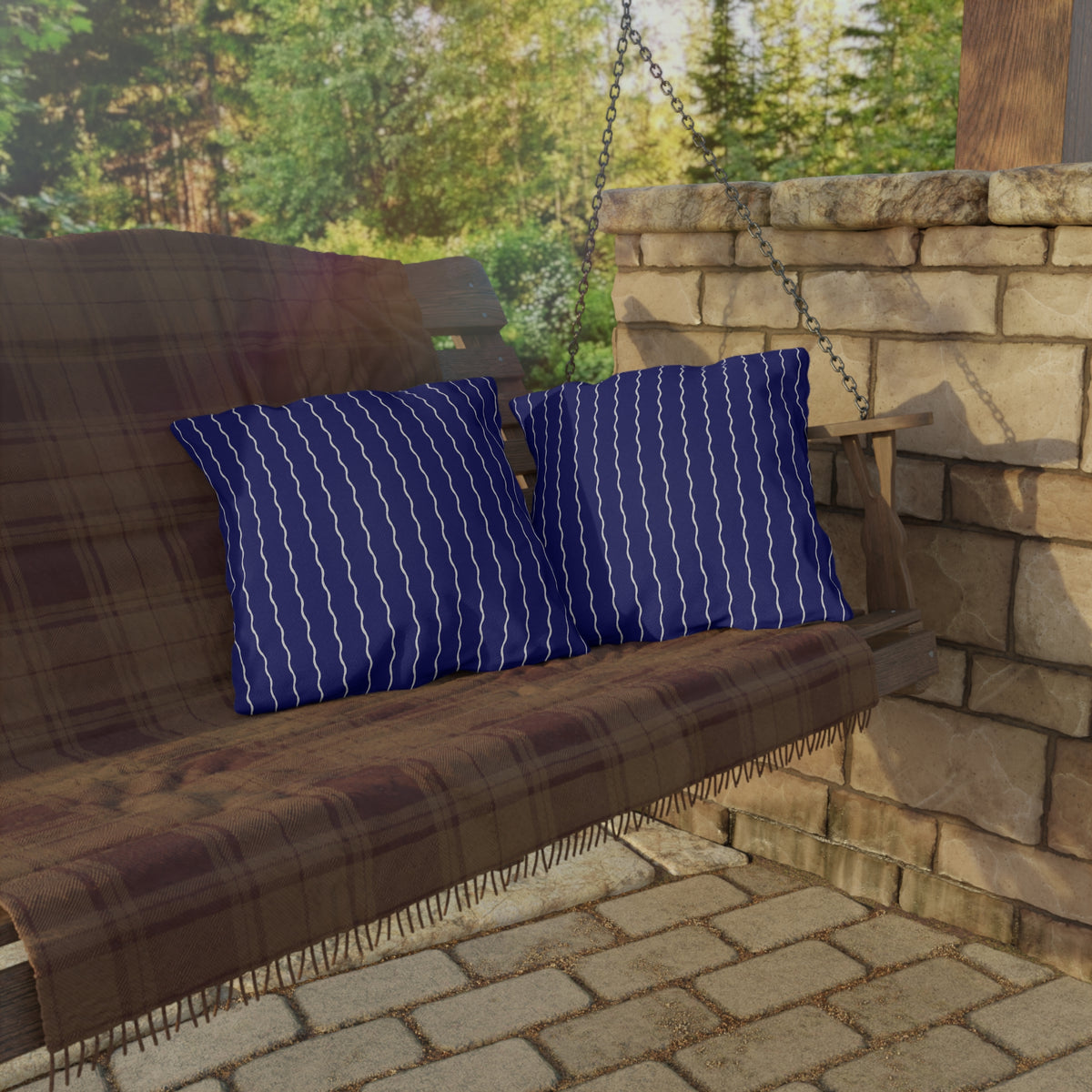 Navy and white wavy stripe outdoor pillow — spun polyester, UV and water resistant