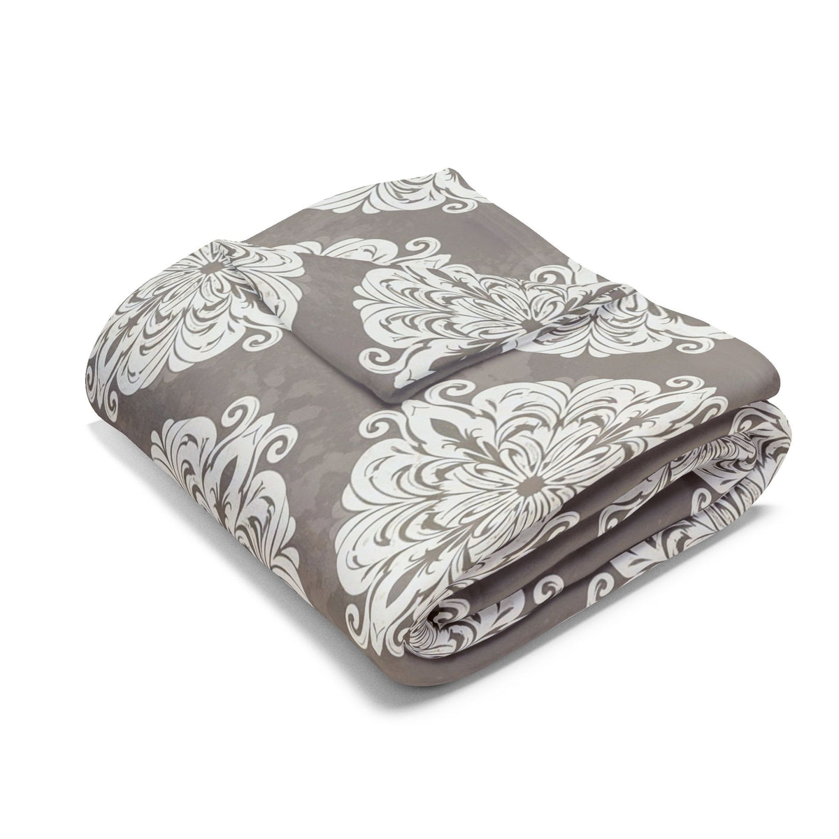 Taupe damask outdoor fleece blanket — 315 gsm polyester fleece, soft on both sides