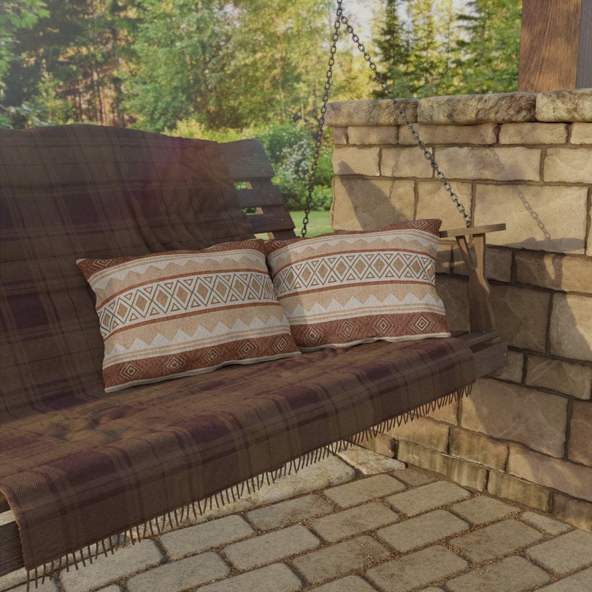 Terracotta kilim lumbar outdoor pillow — spun polyester, UV and water resistant