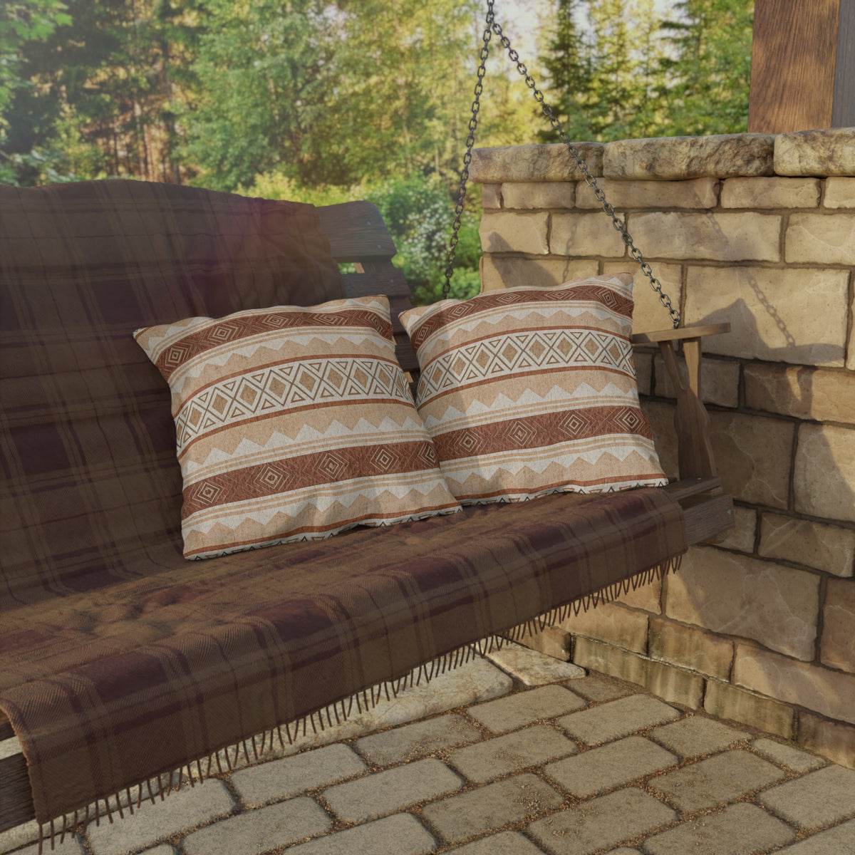 Terracotta kilim outdoor pillow — spun polyester, UV and water resistant