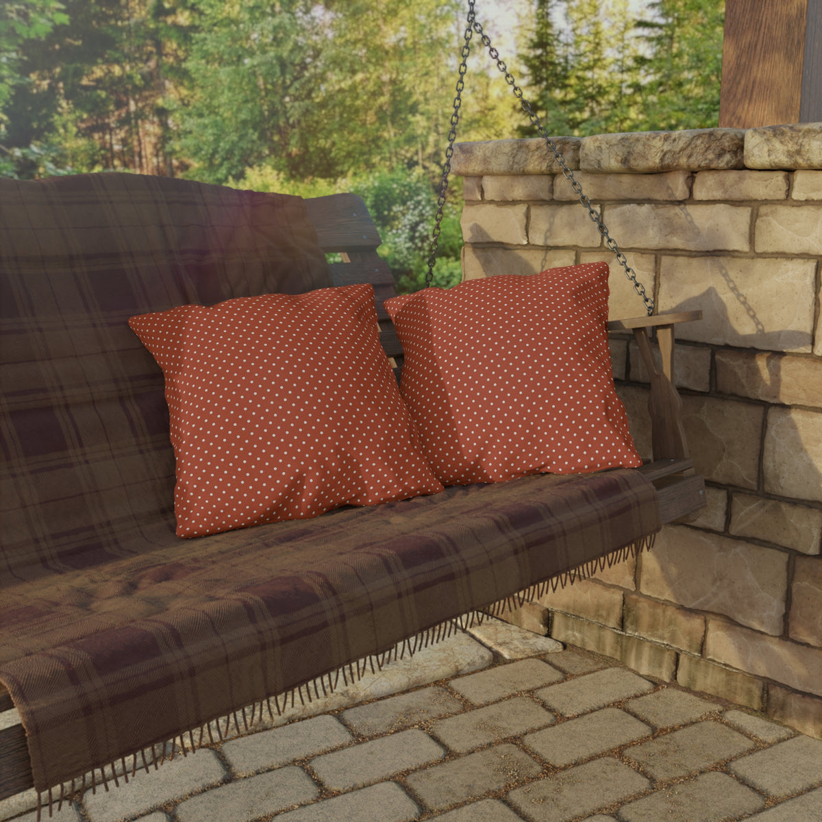 Terracotta pin dot outdoor pillow — spun polyester, UV and water resistant