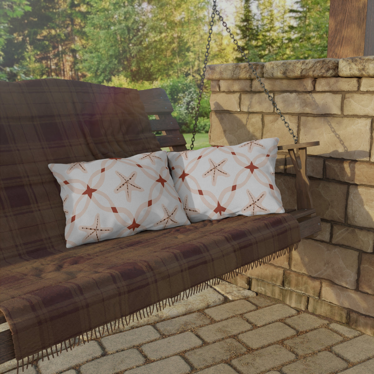 Terracotta starfish lattice lumbar outdoor pillow — spun polyester, UV and water resistant