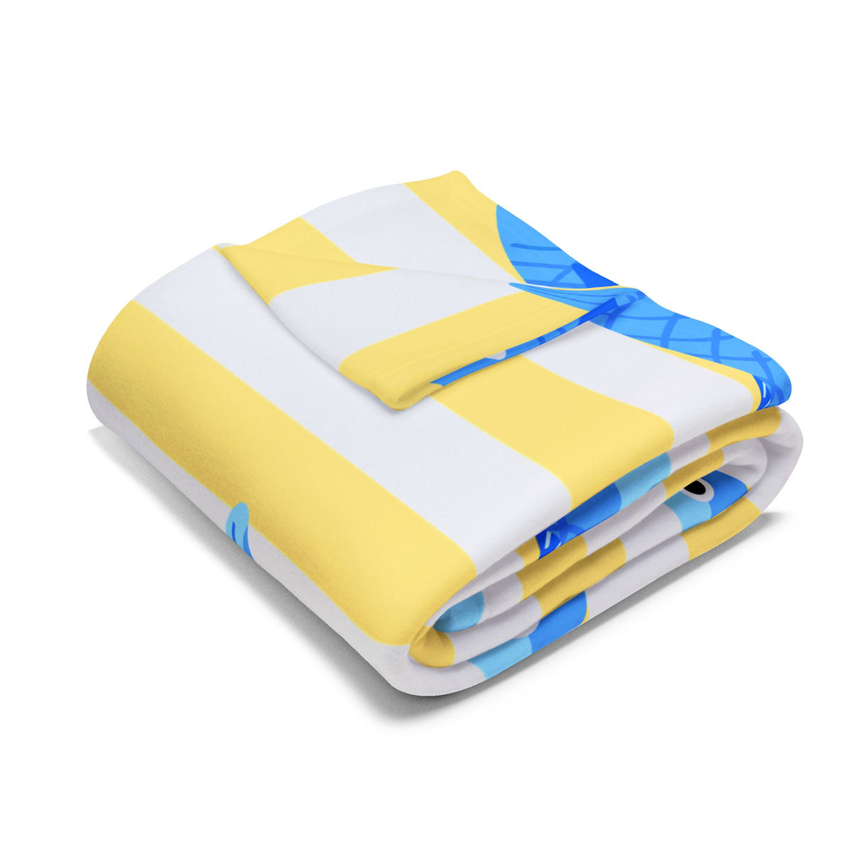 Yellow stripe and blue fish outdoor fleece blanket — 315 gsm polyester fleece, soft on both sides