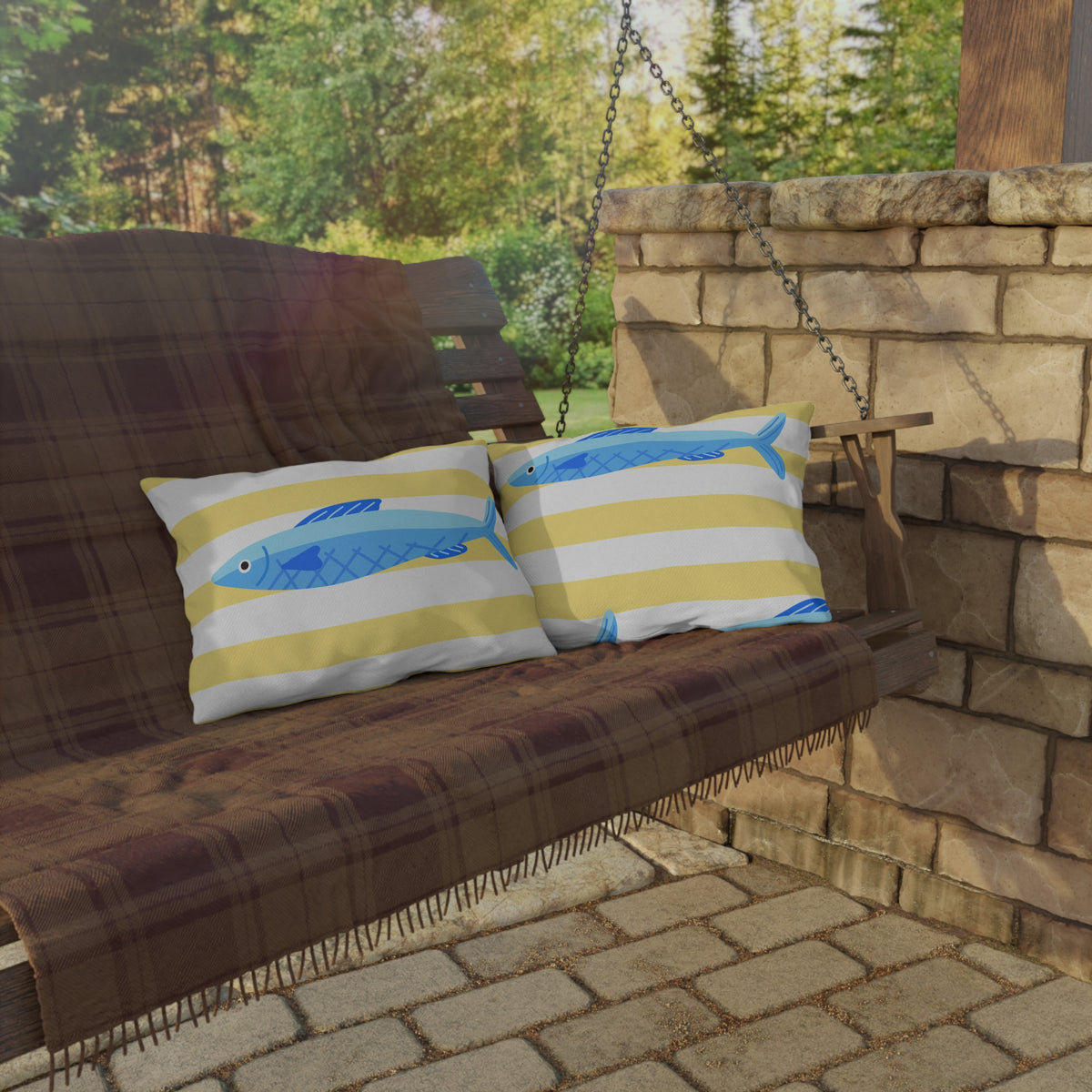 Yellow stripe and blue fish lumbar outdoor pillow — spun polyester, UV and water resistant