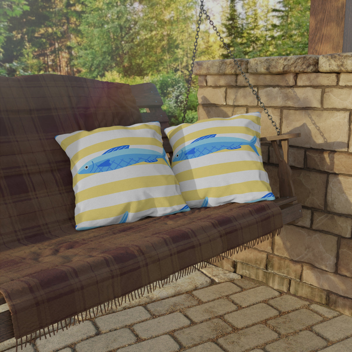 Yellow stripe and blue fish outdoor pillow — spun polyester, UV and water resistant