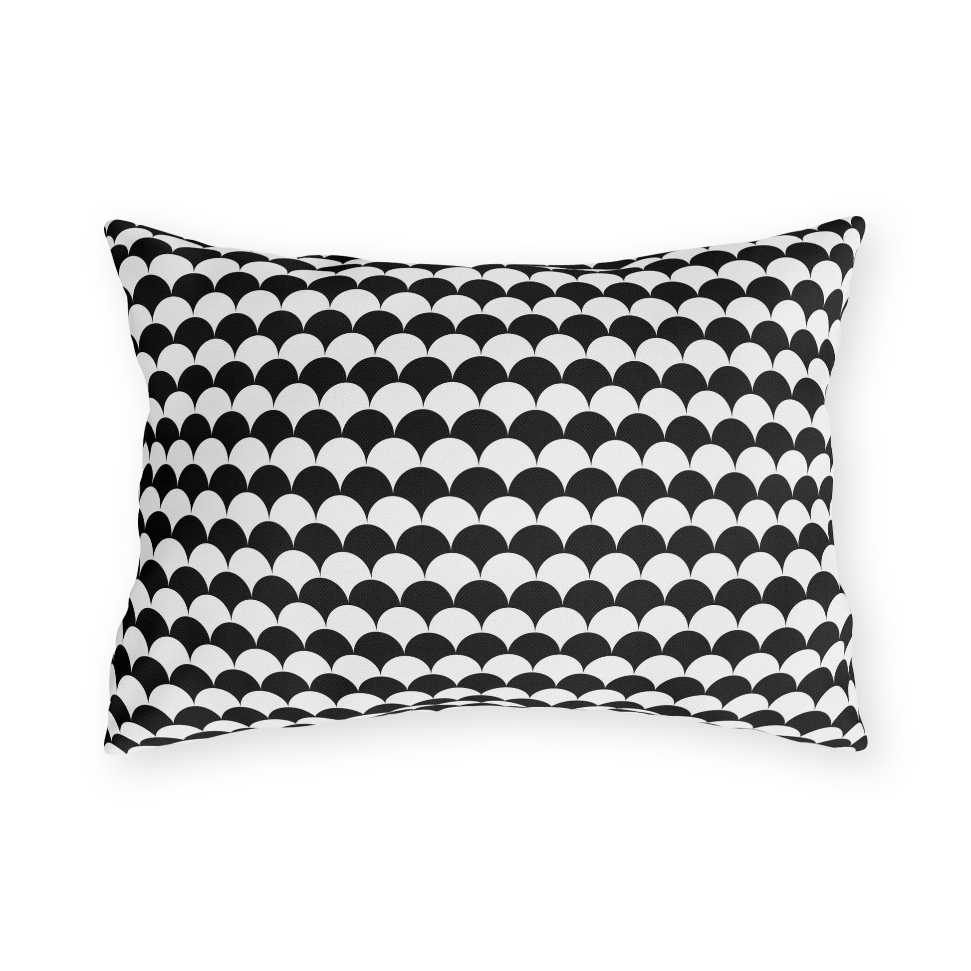 Black and white scallop outdoor pillow — spun polyester, UV and water resistant