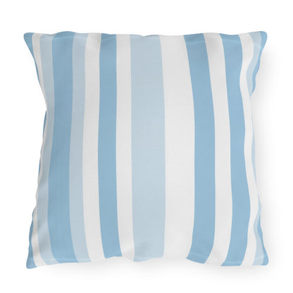 Blue and white striped outdoor pillow — spun polyester, UV and water resistant