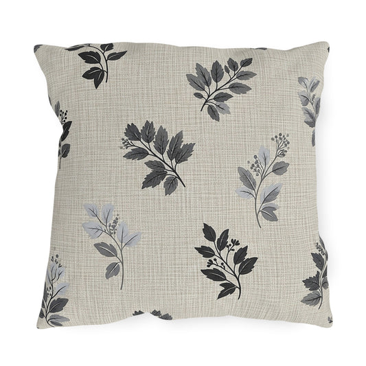 Charcoal leaf sprig outdoor pillow — spun polyester, UV and water resistant