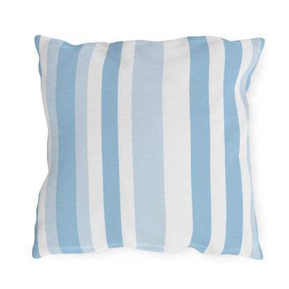 Blue and white striped outdoor pillow — spun polyester, UV and water resistant