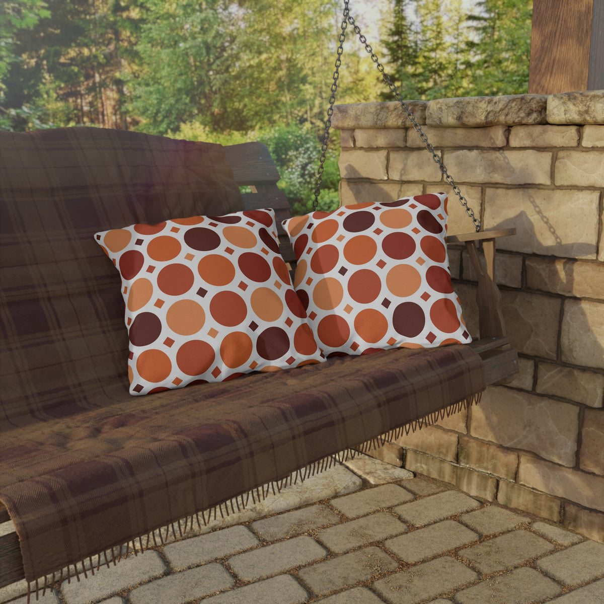 Terracotta dot grid outdoor pillow — spun polyester, UV and water resistant