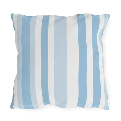 Blue and white striped outdoor pillow — spun polyester, UV and water resistant