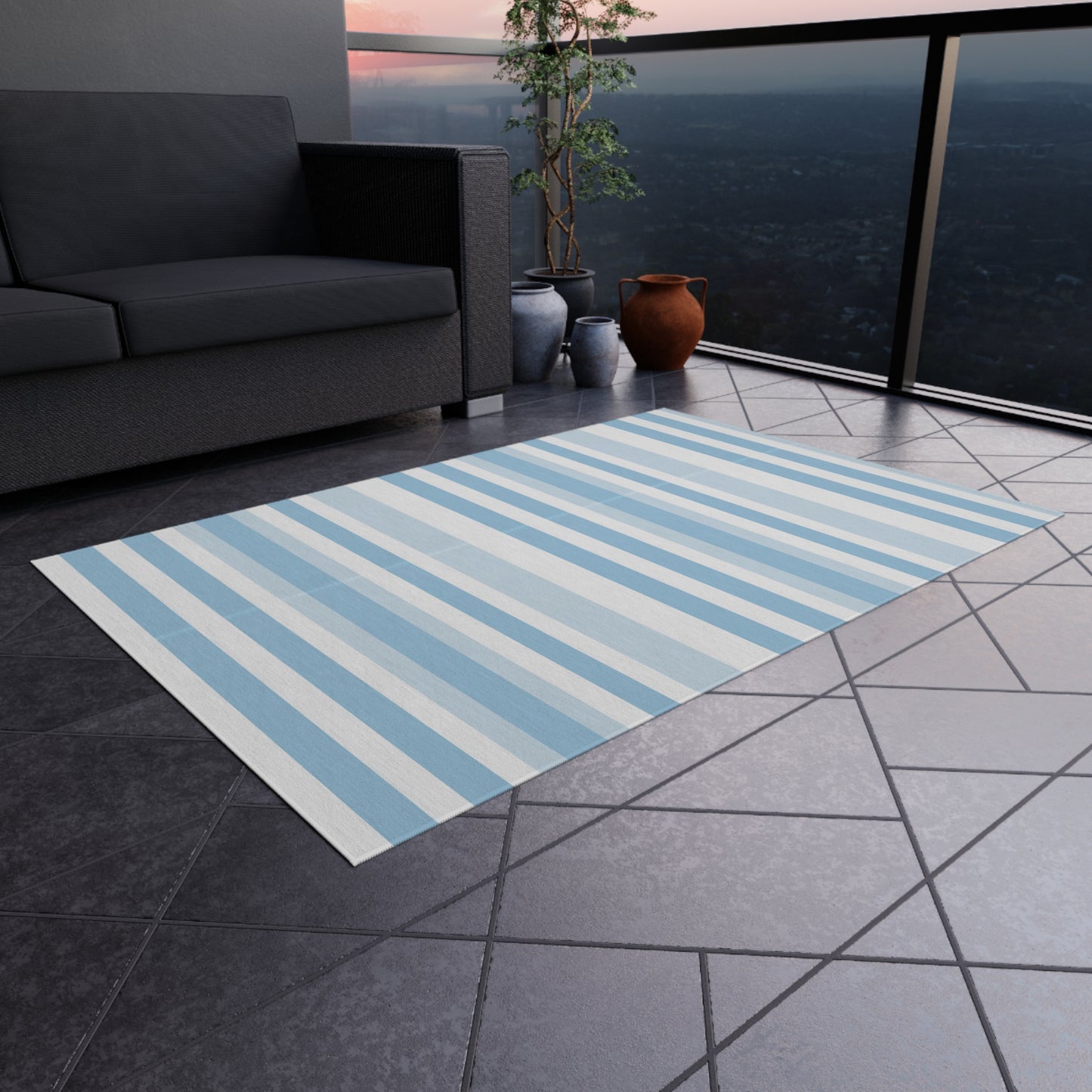 Blue and white striped outdoor rug — soft polyester chenille with a non-slip backing