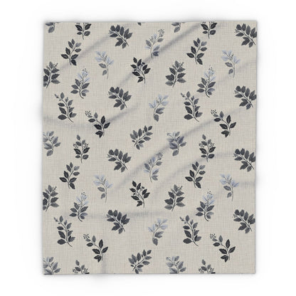 Charcoal leaf sprig outdoor fleece blanket — 315 gsm polyester fleece, soft on both sides