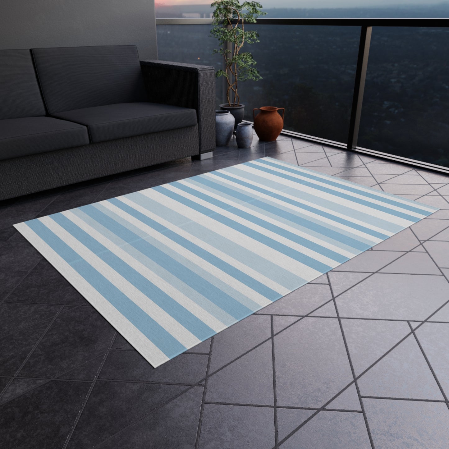 Blue and white striped outdoor rug — soft polyester chenille with a non-slip backing