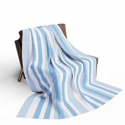 Blue and white striped outdoor fleece blanket — 315 gsm polyester fleece, soft on both sides