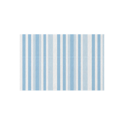 Blue and white striped outdoor rug — soft polyester chenille with a non-slip backing