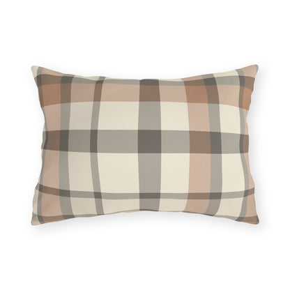 Taupe plaid lumbar outdoor pillow — spun polyester, UV and water resistant
