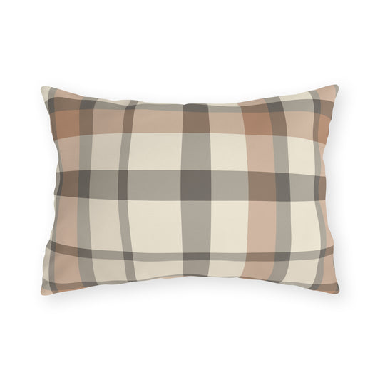 Taupe plaid lumbar outdoor pillow — spun polyester, UV and water resistant