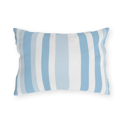 Blue and white striped outdoor pillow — spun polyester, UV and water resistant