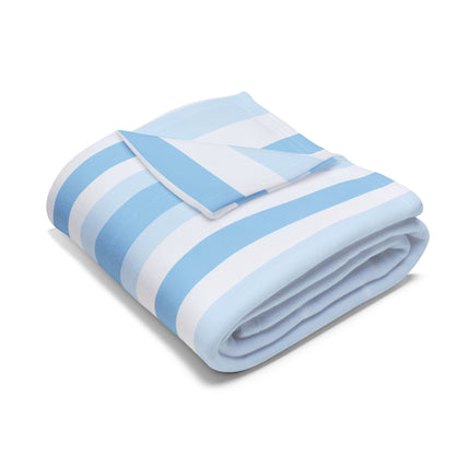 Blue and white striped outdoor fleece blanket — 315 gsm polyester fleece, soft on both sides