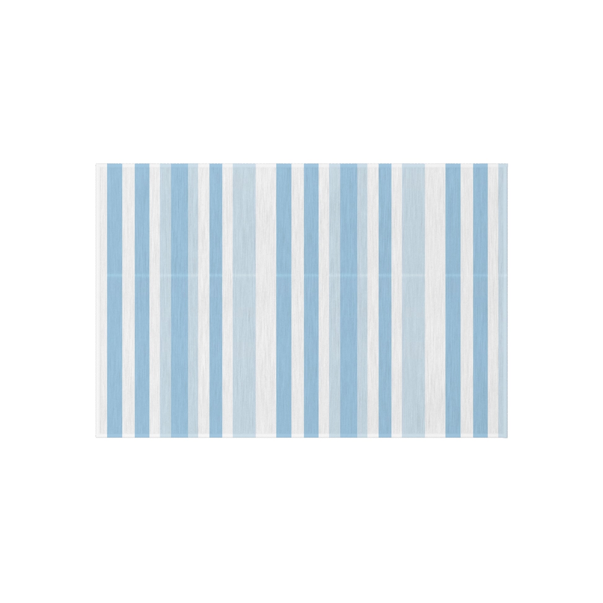 Blue and white striped outdoor rug — soft polyester chenille with a non-slip backing