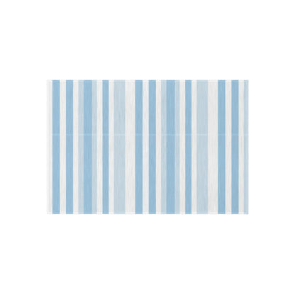 Blue and white striped outdoor rug — soft polyester chenille with a non-slip backing
