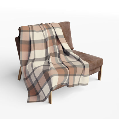 Taupe plaid outdoor fleece blanket — 315 gsm polyester fleece, soft on both sides