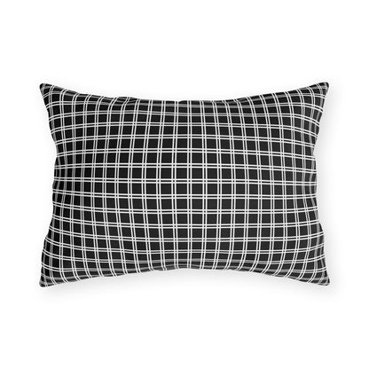 Black and white checkered outdoor pillow — spun polyester, UV and water resistant